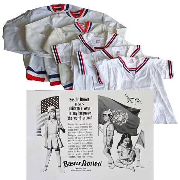 Vintage Mid-Century BUSTER BROWN White Sailor Suit 6pc Family Set w/ Ad Szs 5-14 - Picture 1 of 9